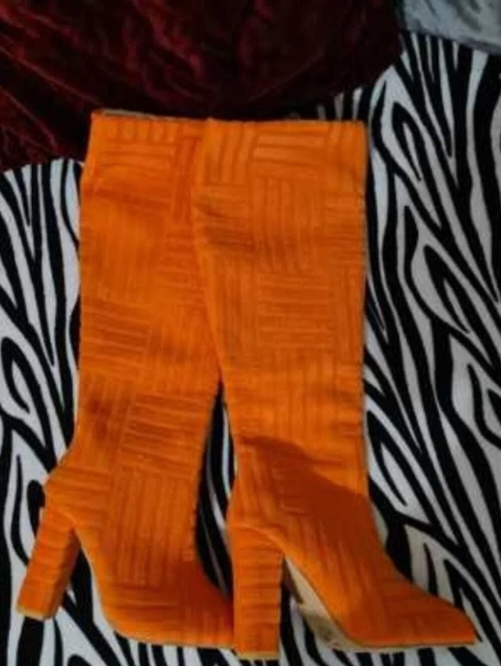 New! Retro Fabric Orange Knee-High Block Heel Boots - Women's